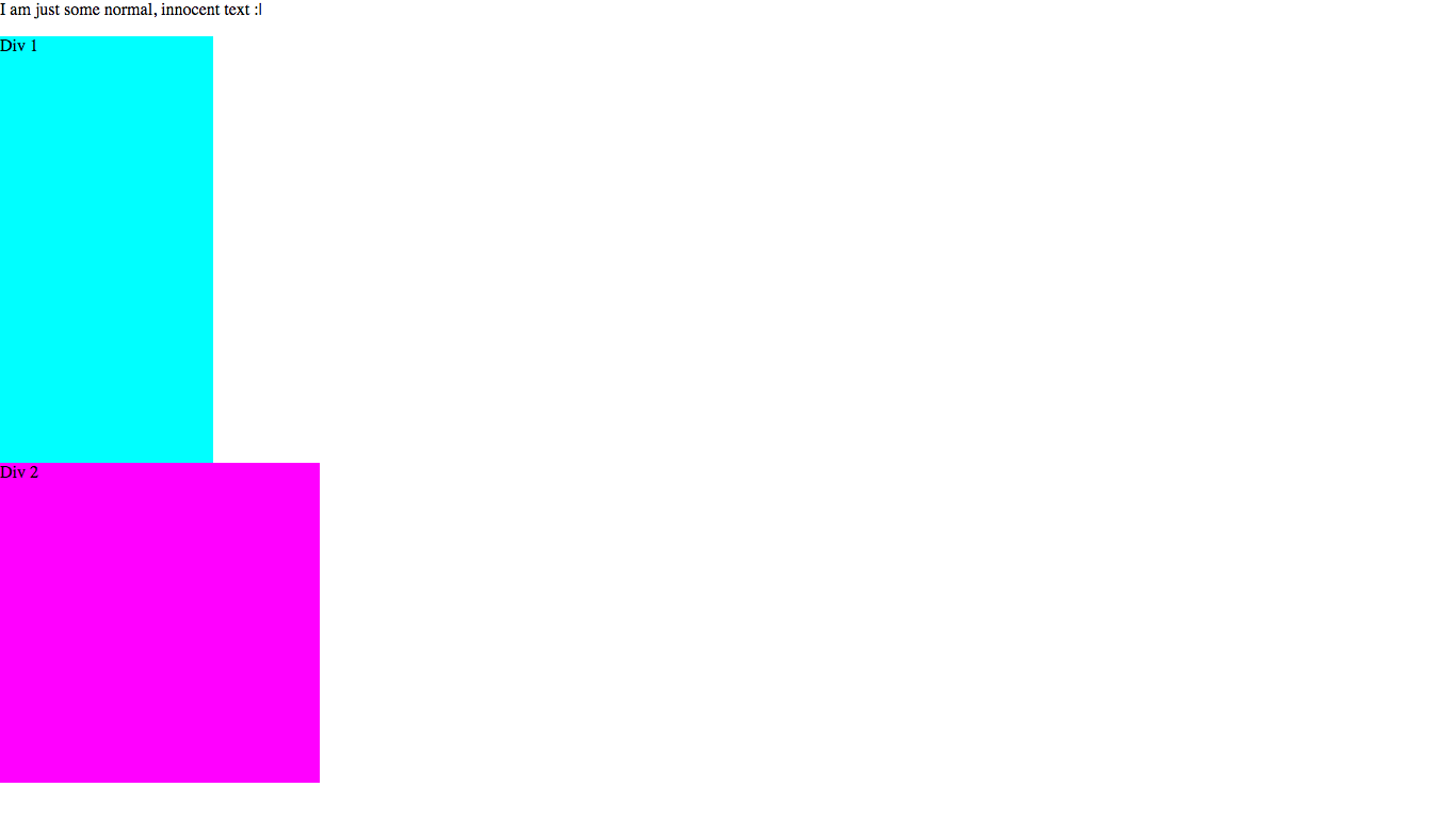 A paragraph, a cyan portrait rectangle named Div 1 and a magenta square name Div 2