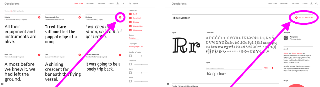 The position of the red plus button on the font specimen pages and home page