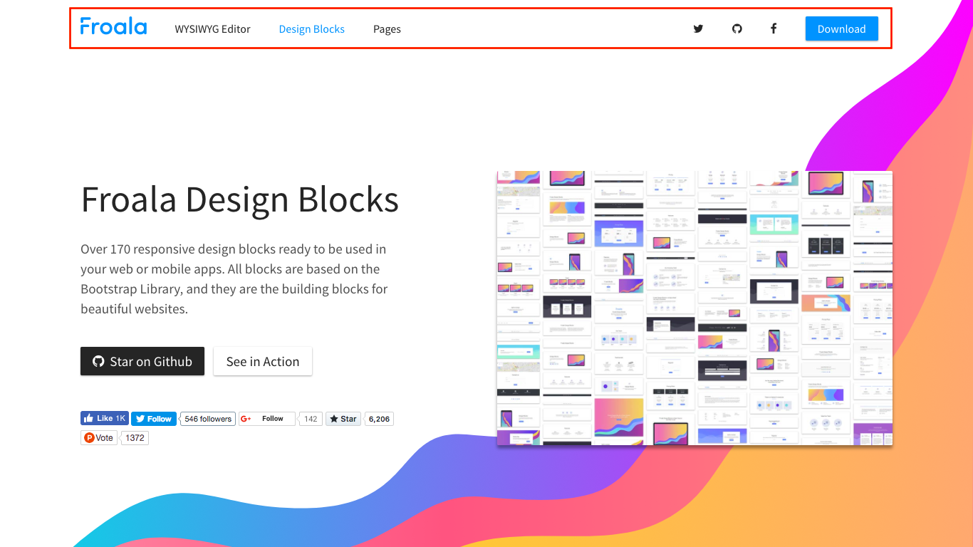 A navigation bar with a logo, links to pages, links to social media and a download now button