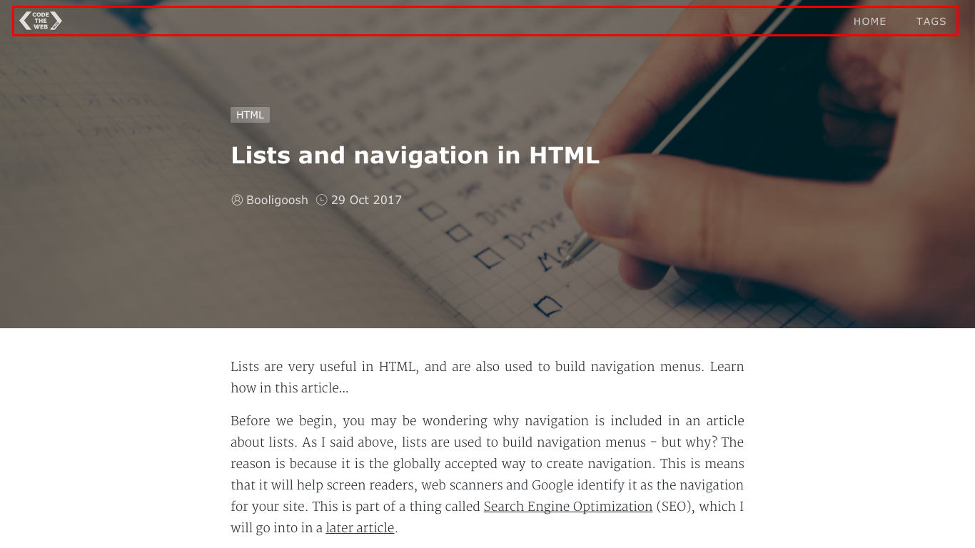 My navigation bar with the Code The Web logo, a Home link and a Tags link